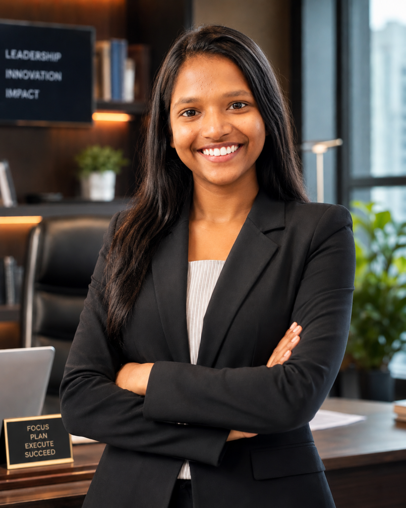 Aneetta George, digital marketer from Kerala, professional business portrait in a modern office environment.